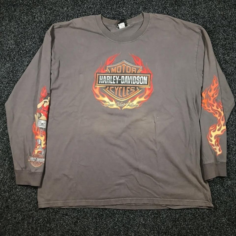 Harley-Davidson Mens 3XL Long Sleeve T-Shirt Jester Pinup Flame Faded Grey Ohio